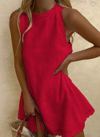 Red Scalloped Trim Linen Dress