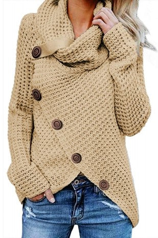 Beige Asymmetrical Button Wrap Turtleneck Sweater