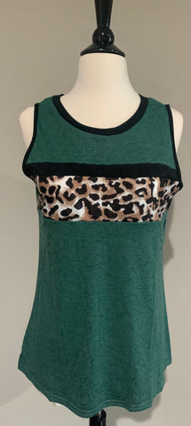 Sleeveless Heathered Green with Leopard Accent