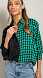 Green and Black Houndstooth Button Up Shirt