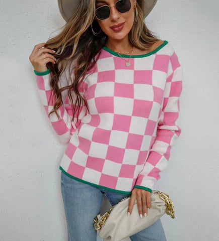 Pink Checkered Sweater with Kelly Green Trim