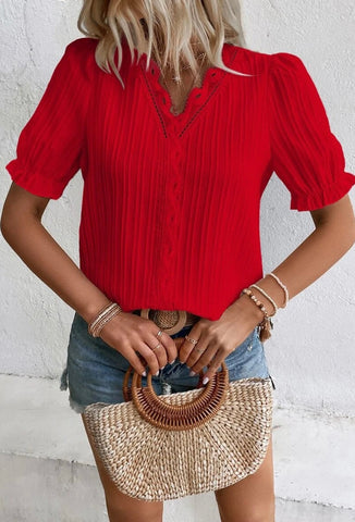 Red V Neck Puff Sleeve Top