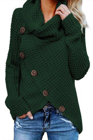 Dark Green Asymmetrical Wrap Turtleneck Sweater