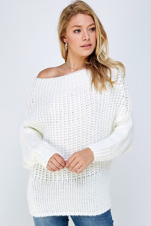 White Off The Shoulder Waffle Knit Sweater