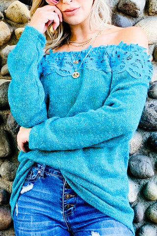 Teal Lace Off The Shoulder Knit Sweater