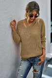 Tan Solid V Neck Long Sleeve Sweater