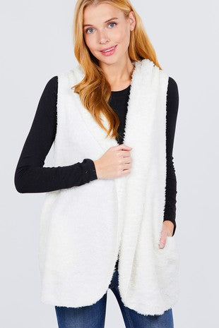 White Faux Fur Fuzzy Vest With a Hoodie