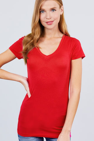 Red Basic Short Sleeve Classic V Neck T Shirt