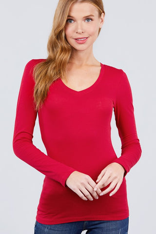 Red Basic Long Sleeve V Neck T Shirt