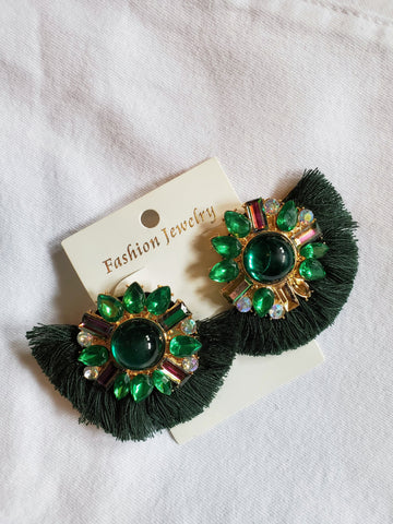 Green Rhinestone Fan-shaped Tassel Earrings