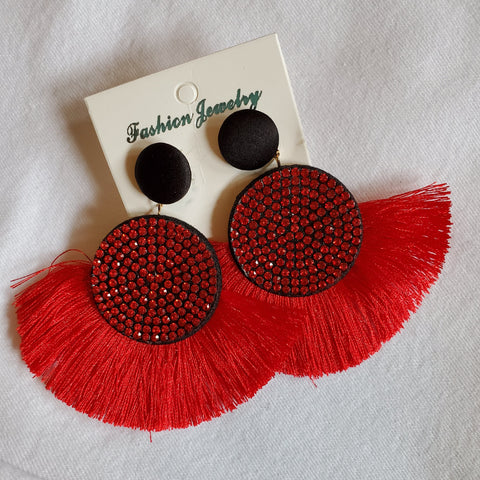 Red Bohemian Geometric Fringe Rhinestone Tassel Earrings
