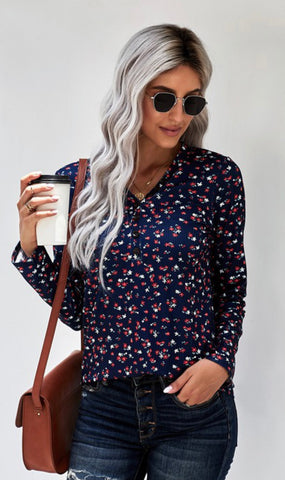 Navy V Neck Button Up Long Sleeve Floral Blouse