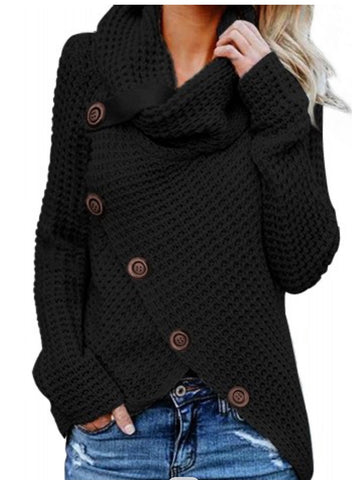 Black Asymmetrical Button Wrap Turtleneck Sweater