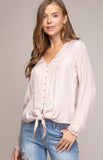 Blush Long Sleeve Button Down Blouse With Tie Waist