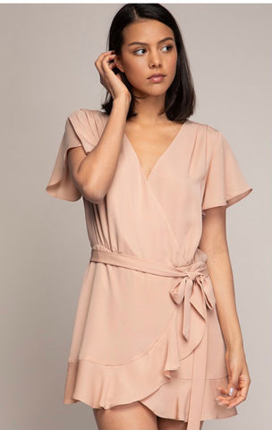 Champagne Flutter Sleeve Romper With Ruffle Detail