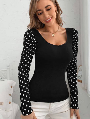 Black Top With White Polka Dot Sleeves