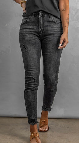 Faded Black High Rise Frayed Ankle Skinny Jeans