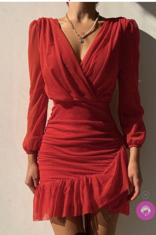 Red Ruched V Neck Mini Dress