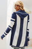 Navy and White Mid Length Open Cardigan with Hood