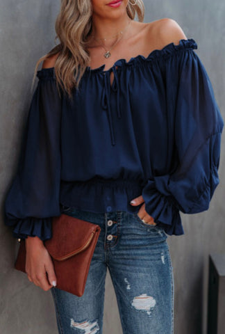 Off The Shoulder Navy Bubble Sleeve Top