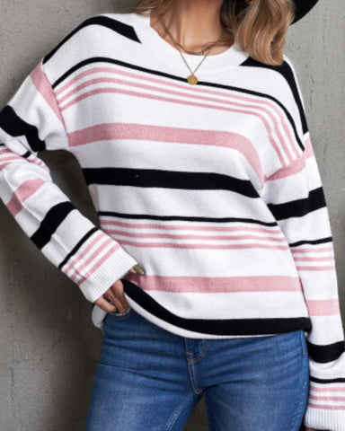 Pink Striped Crewneck Sweater