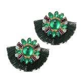 Green Rhinestone Fan-shaped Tassel Earrings